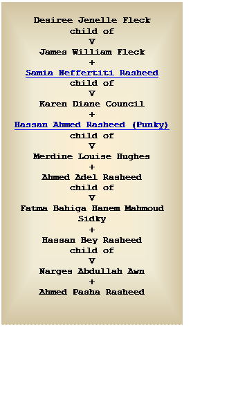 Text Box: Desiree Jenelle Fleck
child of
V
James William Fleck
+
Samia Neffertiti Rasheed
child of
V
Karen Diane Council
+
Hassan Ahmed Rasheed (Punky)
child of
V
Merdine Louise Hughes
+
Ahmed Adel Rasheed
child of
V
Fatma Bahiga Hanem Mahmoud Sidky
+
Hassan Bey Rasheed
child of
V
Narges Abdullah Awn
+
Ahmed Pasha Rasheed

