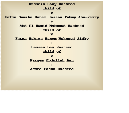 Text Box: Hussein Hany Rasheed
child of
V
Fatma Samiha Hanem Hassan Fahmy Abu-Zekry
+
Abd El Hamid Mahmoud Rasheed
child of
V
Fatma Bahiga Hanem Mahmoud Sidky
+
Hassan Bey Rasheed
child of
V
Narges Abdullah Awn
+
Ahmed Pasha Rasheed

