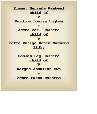 Text Box: Kismet Hanzada Rasheed
child of
V
Merdine Louise Hughes
+
Ahmed Adel Rasheed
child of
V
Fatma Bahiga Hanem Mahmoud Sidky
+
Hassan Bey Rasheed
child of
V
Narges Abdullah Awn
+
Ahmed Pasha Rasheed


