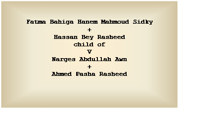 Text Box: Fatma Bahiga Hanem Mahmoud Sidky
+
Hassan Bey Rasheed
child of
V
Narges Abdullah Awn
+
Ahmed Pasha Rasheed

