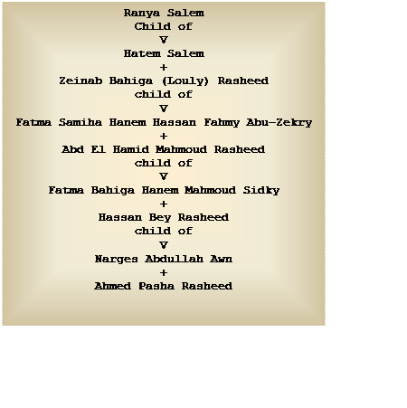 Text Box: Ranya Salem
Child of
V
Hatem Salem
+
Zeinab Bahiga (Louly) Rasheed
child of
V
Fatma Samiha Hanem Hassan Fahmy Abu-Zekry
+
Abd El Hamid Mahmoud Rasheed
child of
V
Fatma Bahiga Hanem Mahmoud Sidky
+
Hassan Bey Rasheed
child of
V
Narges Abdullah Awn
+
Ahmed Pasha Rasheed


