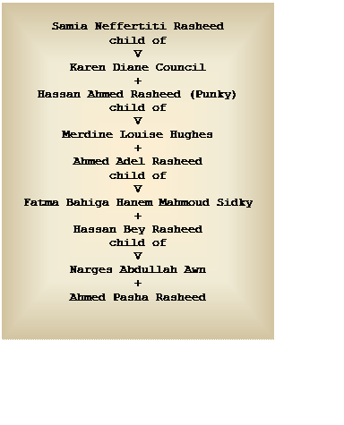 Text Box: Samia Neffertiti Rasheed
child of
V
Karen Diane Council
+
Hassan Ahmed Rasheed (Punky)
child of
V
Merdine Louise Hughes
+
Ahmed Adel Rasheed
child of
V
Fatma Bahiga Hanem Mahmoud Sidky
+
Hassan Bey Rasheed
child of
V
Narges Abdullah Awn
+
Ahmed Pasha Rasheed


