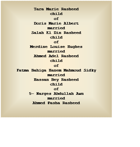 Text Box: Tara Marie Rasheed
child
of
Doris Marie Albert
married
Salah El Din Rasheed
child
of
Merdine Louise Hughes
married
Ahmed Adel Rasheed
child
of
Fatma Bahiga Hanem Mahmoud Sidky
married
Hassan Bey Rasheed
child
of
5- Narges Abdullah Awn
married
Ahmed Pasha Rasheed


